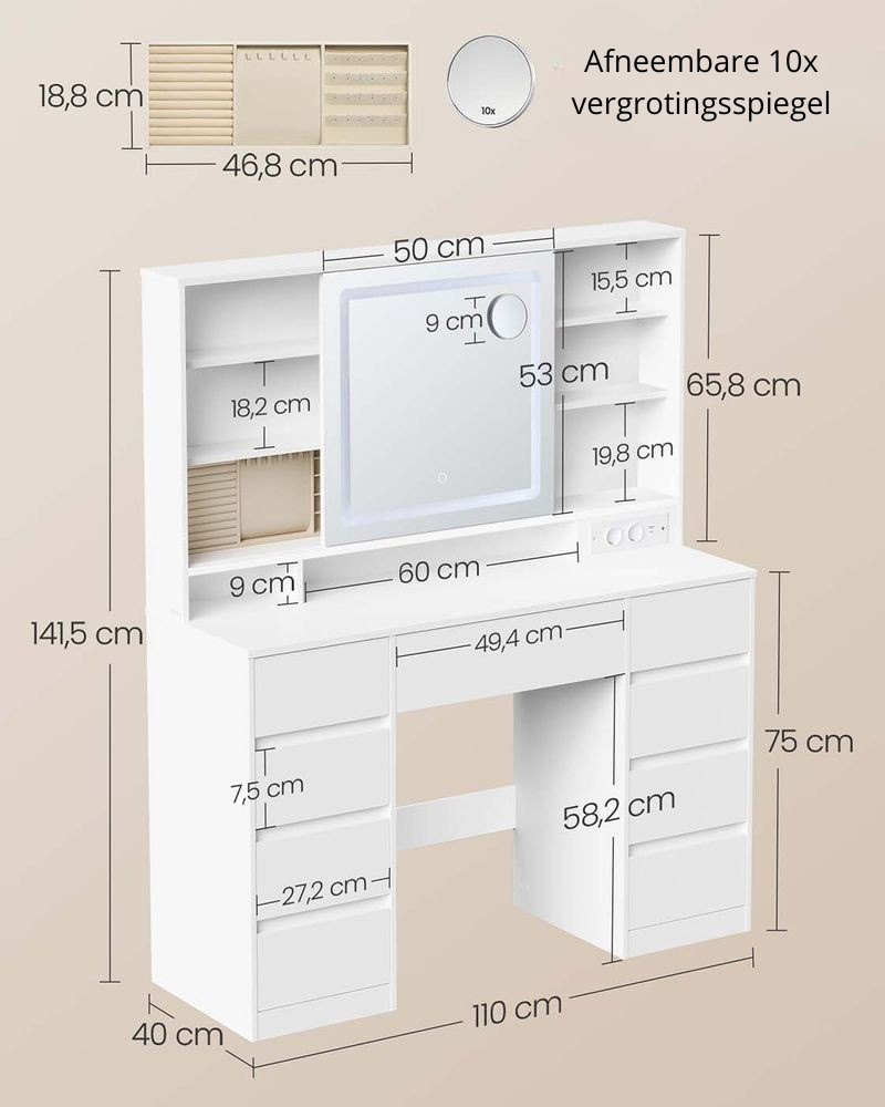Nancy's Oschiri Kaptafel - Make Up Tafel - Spiegel met LED Verlichting - Wit - ± 110 x 40 x 140 cm