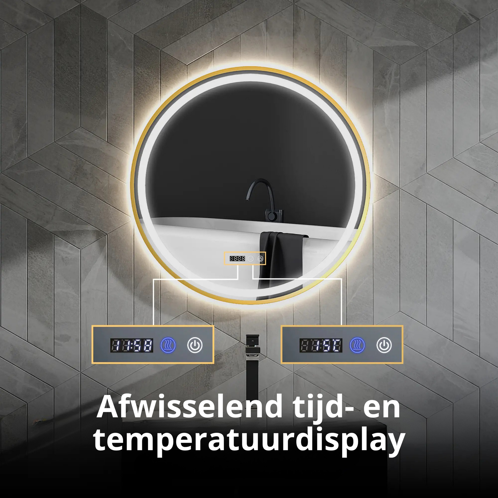 Nancy's Daone Badkamerspiegel - Spiegel met LED-Verlichting - Anticondensfunctie - Goud - Ø60 cm