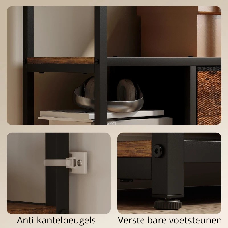 Nancy's Ovaro Boekenkast - Opbergkast - Open vakken en laden - Bruin / Zwart - ± 70 x 30 x 150 cm