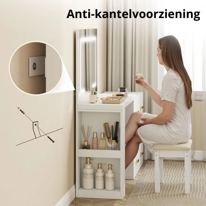 Nancy's Omegna Make Up Tafel - Kaptafel - LED-Spiegel - Met stopcontact en USB-aansluiting - Wit - ± 120 x 80 x 135 cm