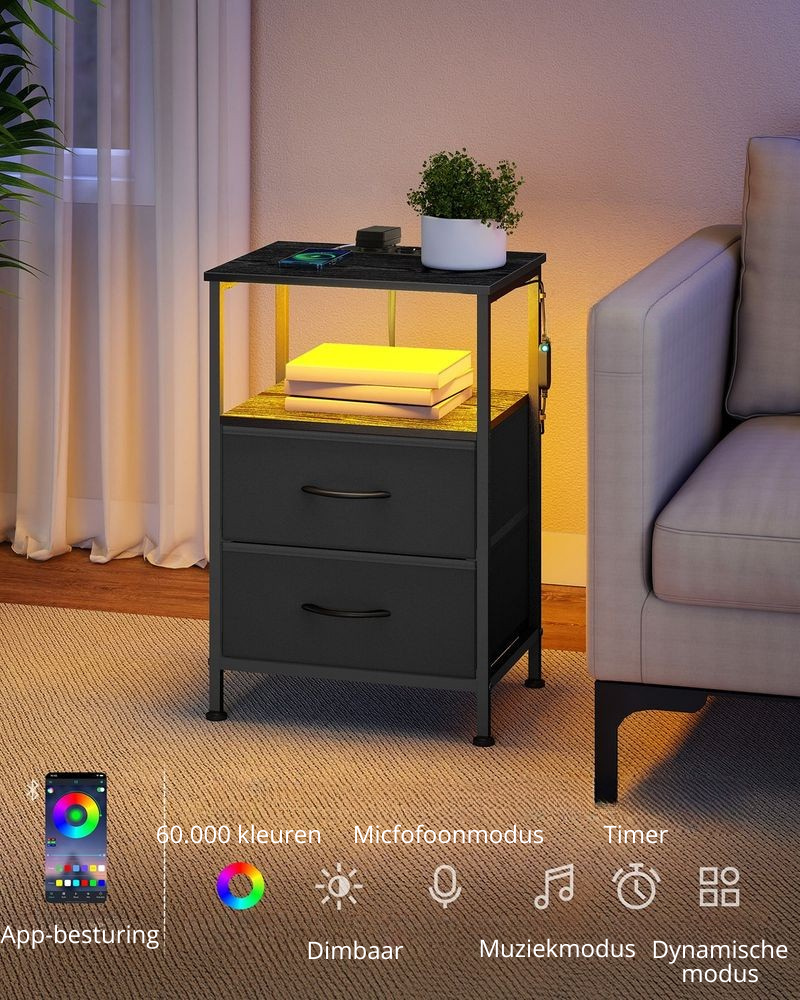 Nancy's Possagno Nachtkastje - Bijzettalfetje - Praktisch Oplaadstation - LED-Verlichting - Zwart - ± 40 x 30 x 60 cm