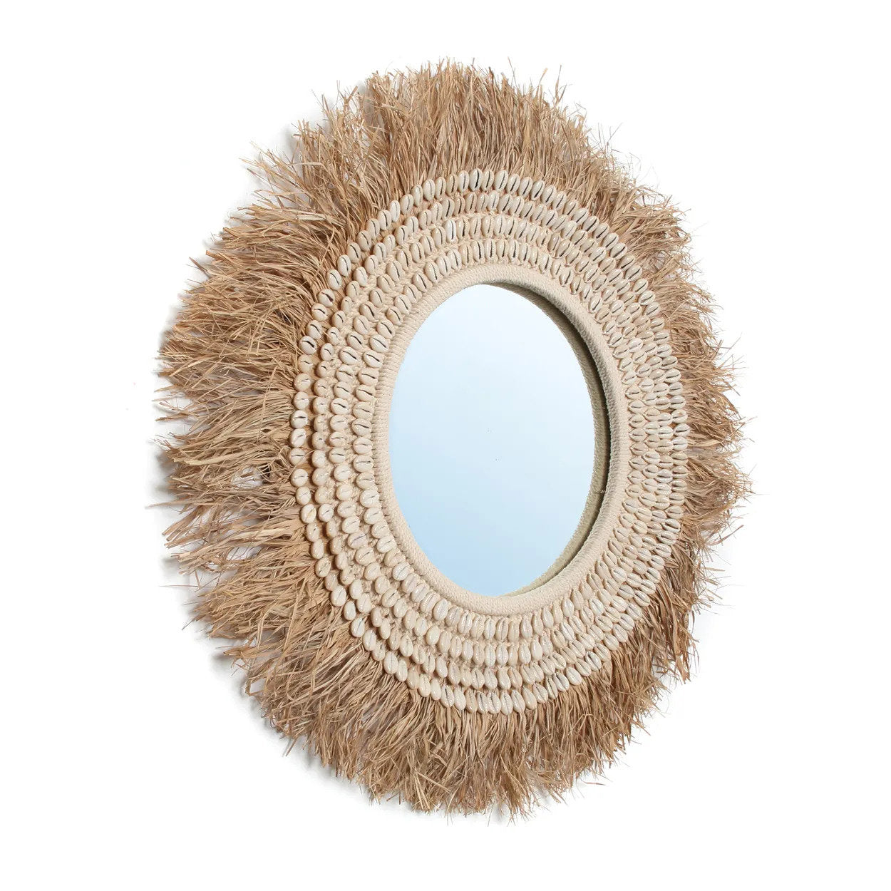 Bazar Bizar Raffia Cowrie Spiegel - Naturel Wit - Schelpen - Ø 75 cm