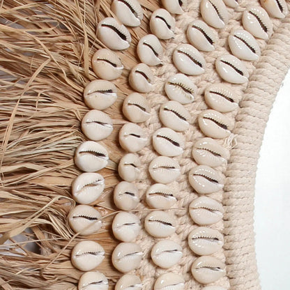 Bazar Bizar Raffia Cowrie Spiegel - Naturel Wit - Schelpen - Ø 75 cm