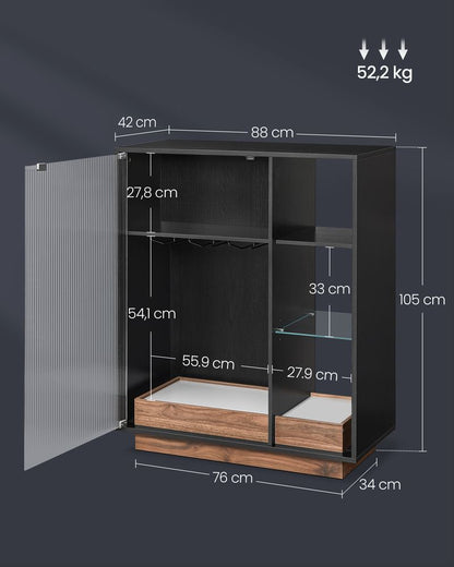 Nancy's Lodares Wandkast - Opbergkast - Drankkast - Dressoir - LED Verlichting - Glazenrek -  Zwart - ± 40 x 90 x 105 cm