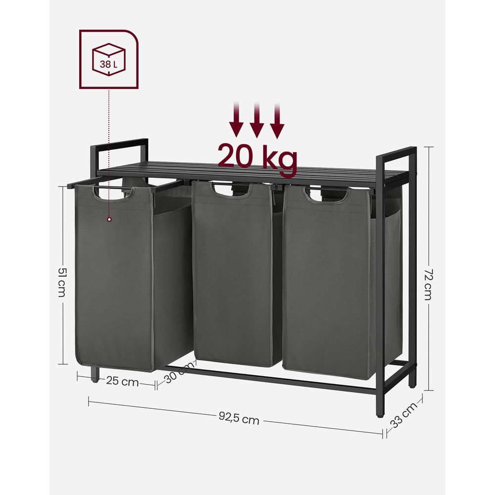 Nancy's Millom Wassorteerder - Wasmand met 3 vakken - Wasbox - Waswagen - Industrieel - Zwart - 92,5 x 33 x 71 cm
