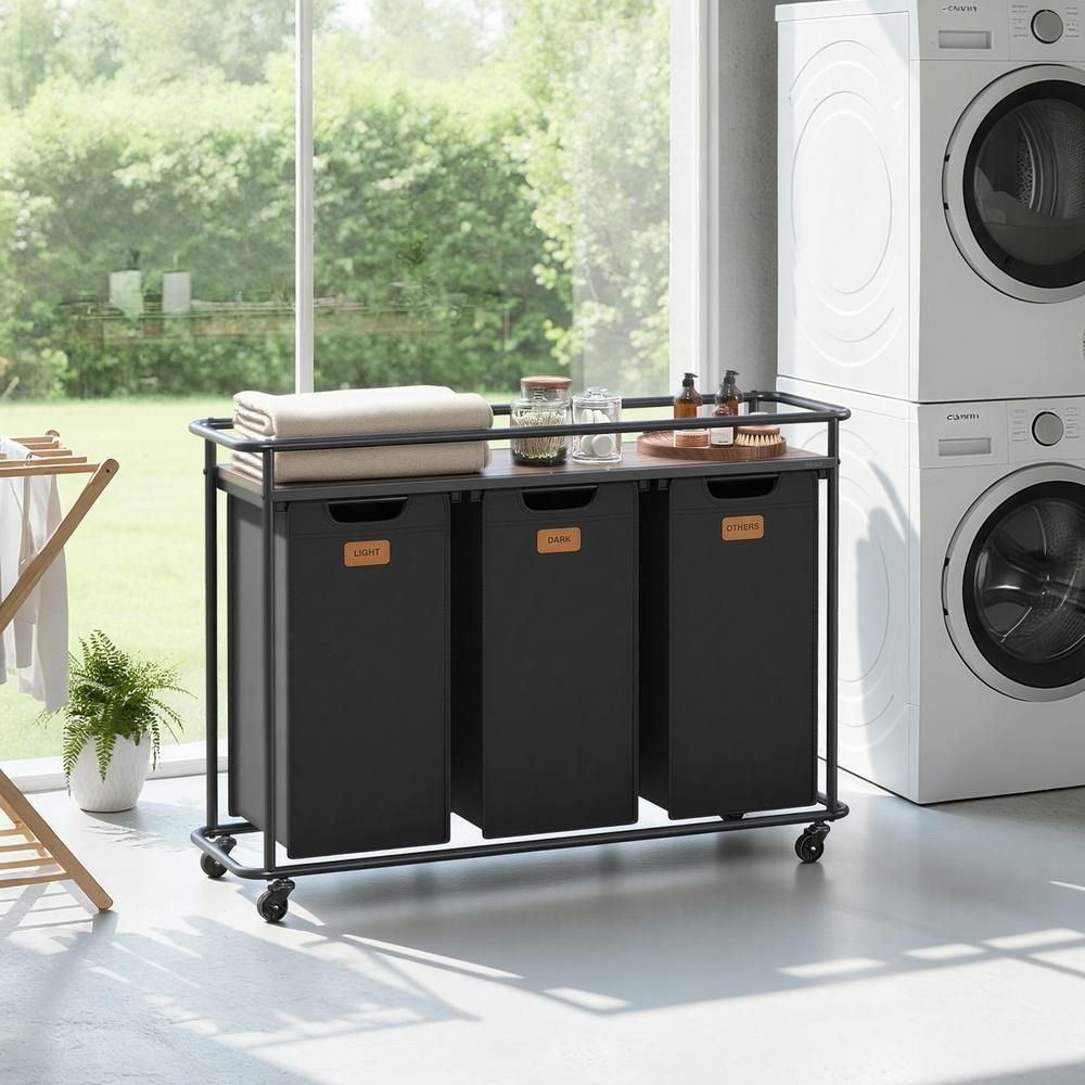 Nancy's Serrapetrona Wassorteerder - Wasmand met 3 Vakken - Op Wieltjes - Zwart - 150 Liter