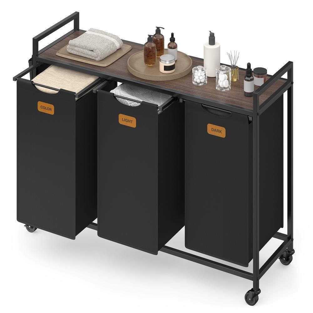 Nancy's Sermoneta Wassorteerder - Wasmand - Op Wieltjes - 3 Vakken - Zwart - 150 Liter