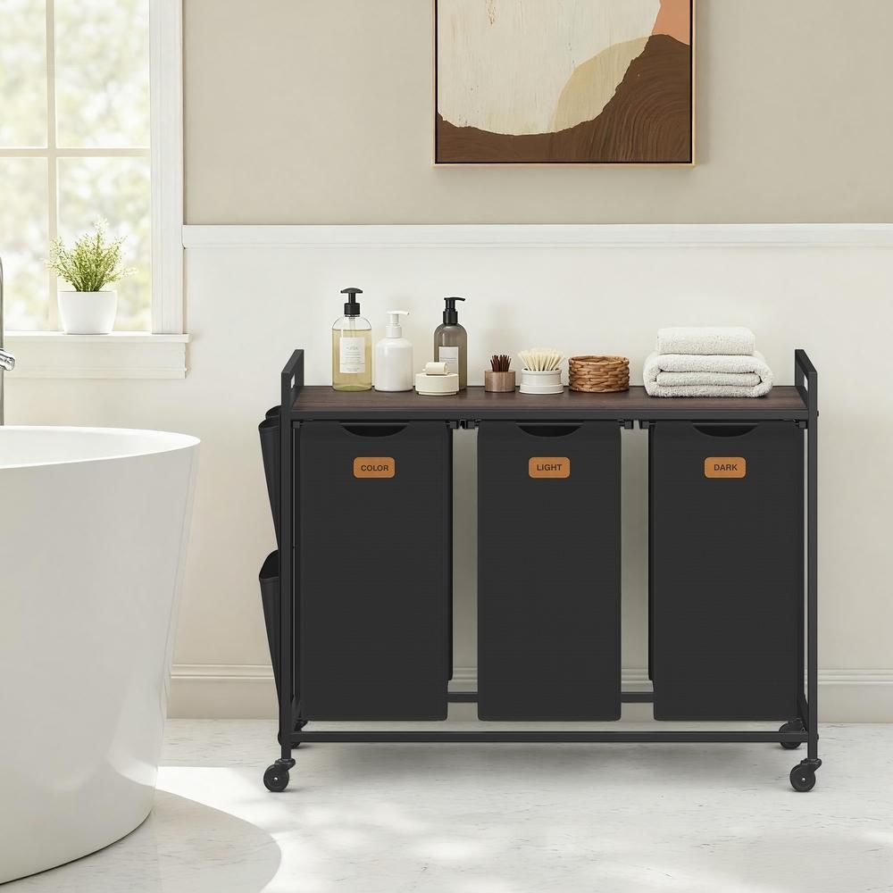 Nancy's Sermoneta Wassorteerder - Wasmand - Op Wieltjes - 3 Vakken - Zwart - 150 Liter