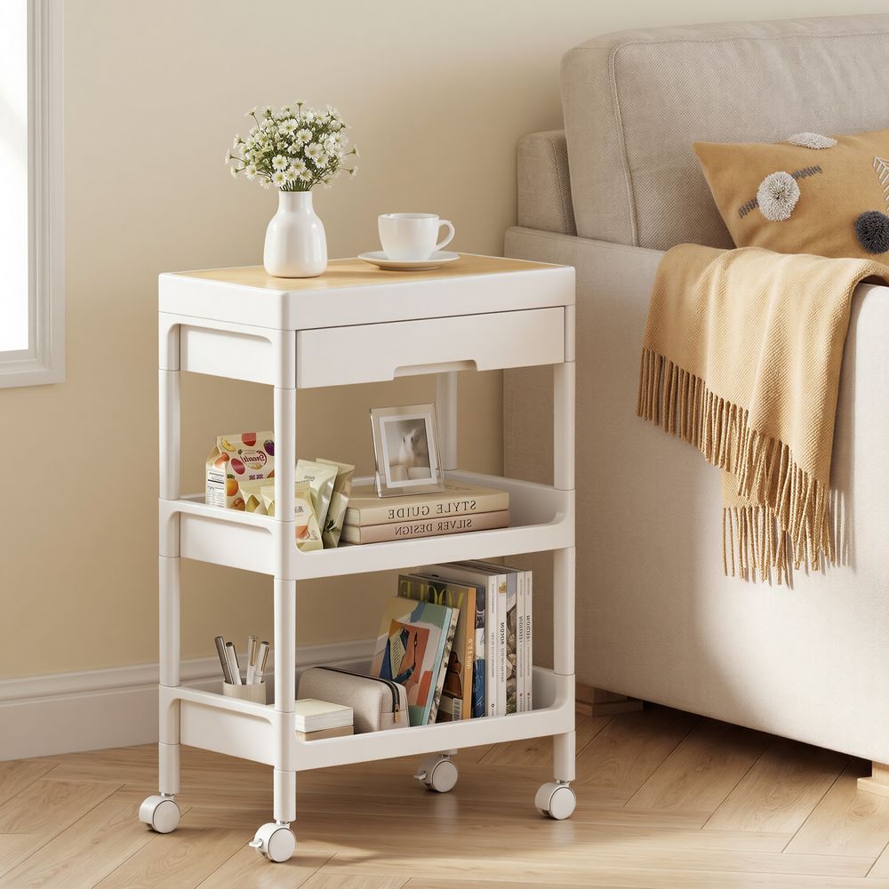Nancy's Stradella Trolley - Serveerwagen - Opbergtrolley - Keukentrolley - Wit / Eiken - ± 40 x 25 x 70 cm