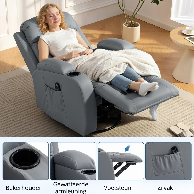 Nancy's Pollina Massagestoel - Relaxfauteuil met massagefunctie - Verwarmde massage - Schommel- en draaifunctie - Lichtgrijs - Kunstleer