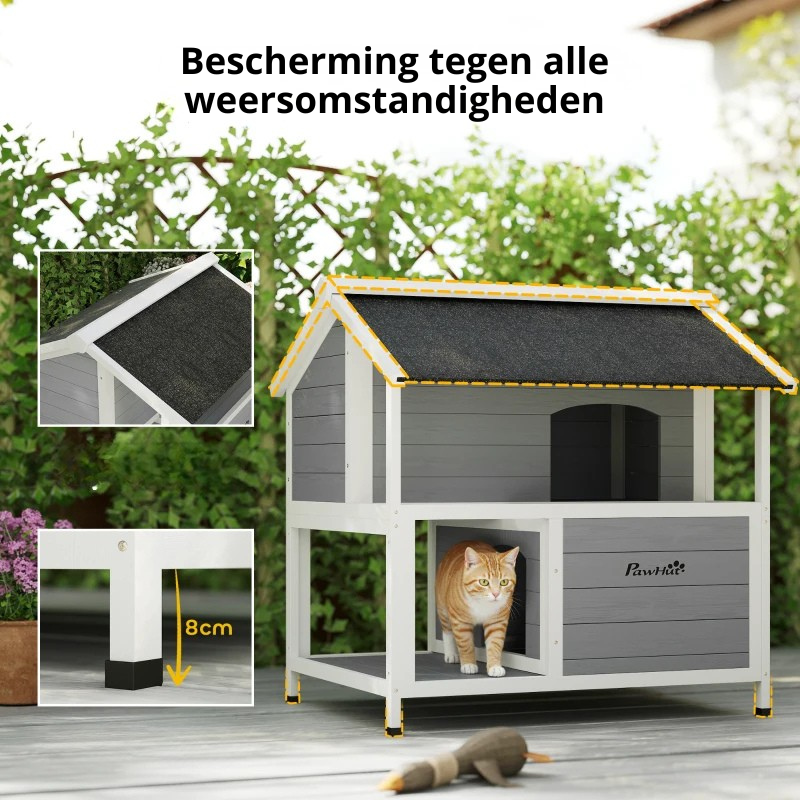 Nancy's Perloz Kattenhuis voor buiten - Kattenvilla - Grijs - Sparrenhout - ± 80 x 95 x 95 cm