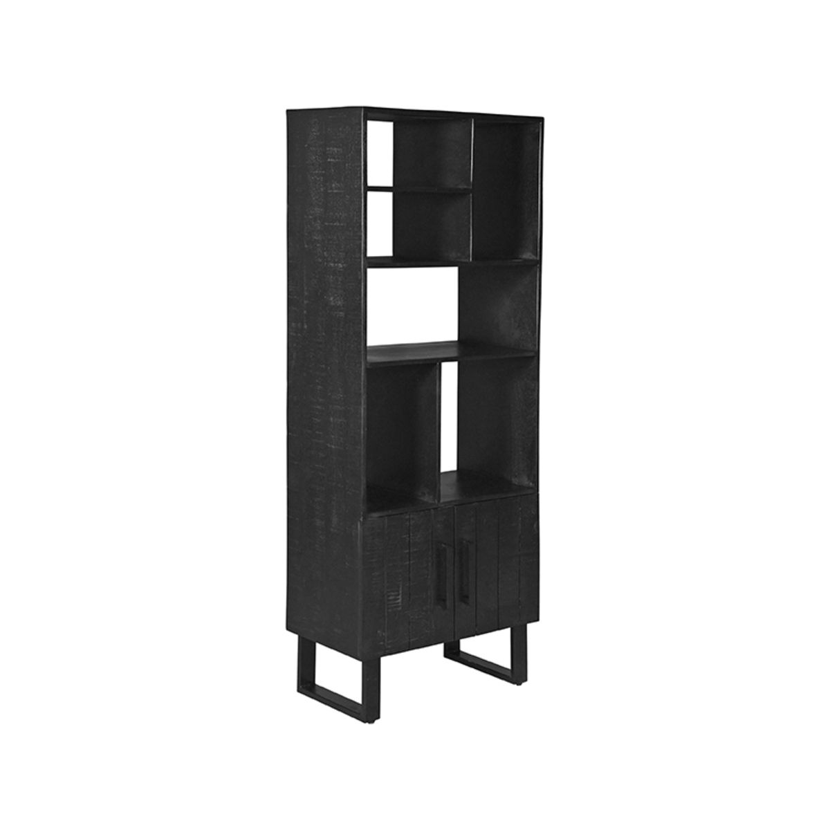 Nancy's Witham Bookcase - Black Mango Wood-Metal - Handmade - Two doors - Dividers - Vertically Milled Grooves