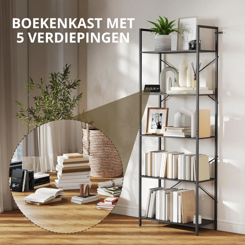 Nancy's Oulx Boekenkast - Opbergkast - 5 Niveaus - Zwart - Staal - ± 60 x 30 x 170 cm