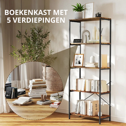 Nancy's Ovada Boekenkast - Opbergkast - 5 Niveaus - Bruin - MDF / Staal - ± 80 x 35 x 160 cm