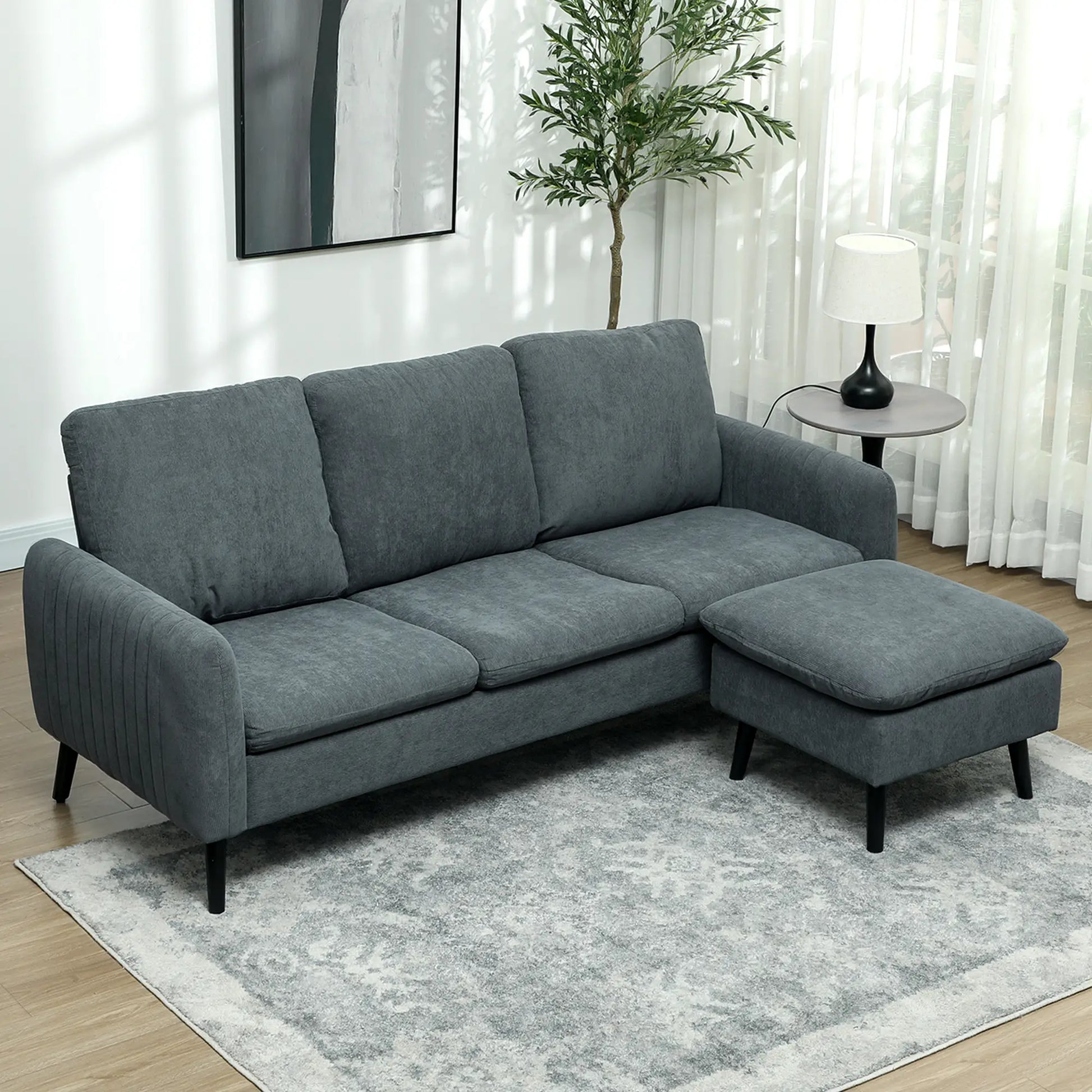 Nancy's Cupra 3-Zitsbank - Zitbank - L-vormige Bank - Met Hocker - Antraciet - Ribfluweel - ± 195 x 140 x 90 cm