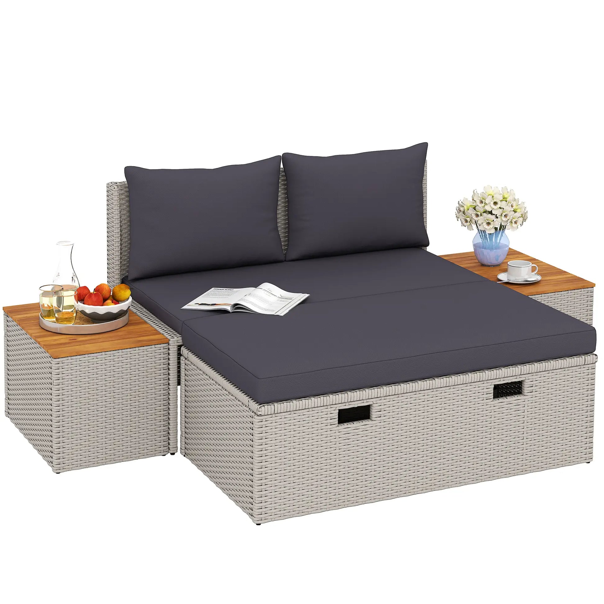 Nancy's Genazzano Loungebed - Ligbed - Tuinligstoel - Grijs - Acaciahout / Rotan