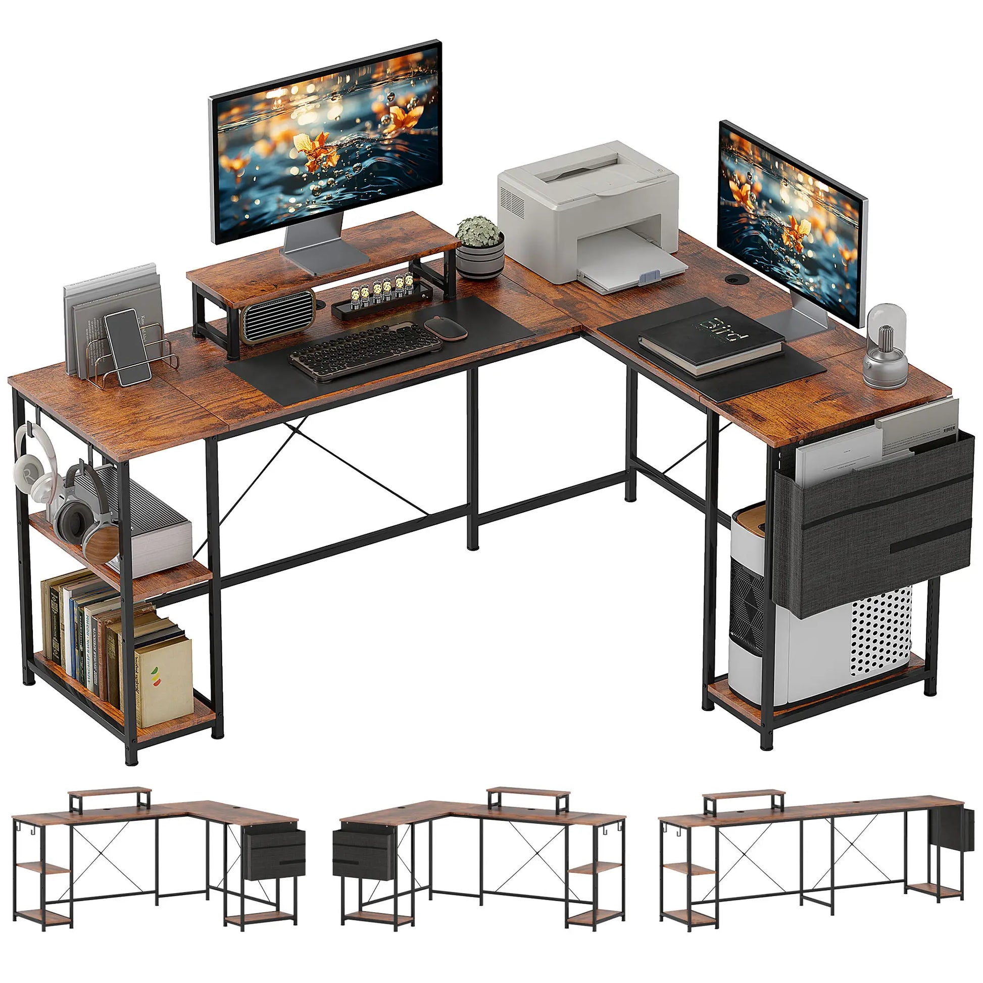Nancy's Palmeira Bureau - Computertafel - L-vormig - Veelzijdig bureau met verstelbare planken - Monitorstandaard - Bruin