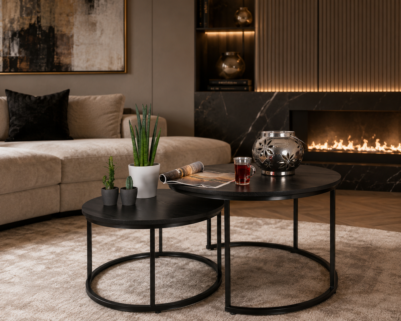 Casamoda Lobão Salontafelset - Salontafels - Bijzettafels Rond - Zwart - Hout / Staal - ø 58/75 cm