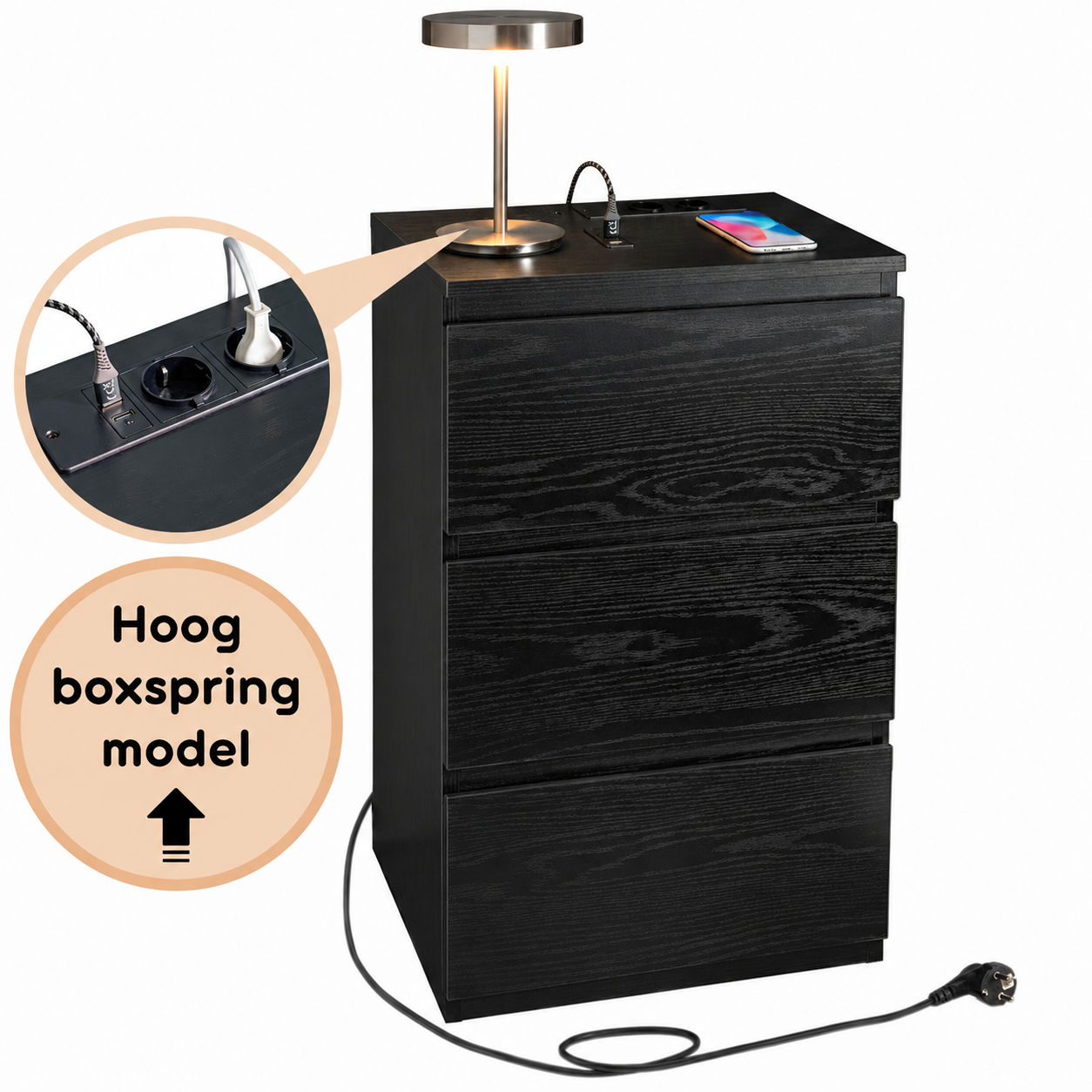 Casamoda Hoog Nachtkastje voor Boxspring met Stopcontact en USB - Ladekastje - 3 Lades - Zwart - 40 x 35 x 70 cm
