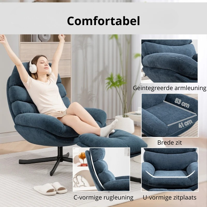 Nancy's Pedaso Relaxfauteuil - Loungestoel - Relaxstoel - Met Voetenbank - Blauw - Chenille