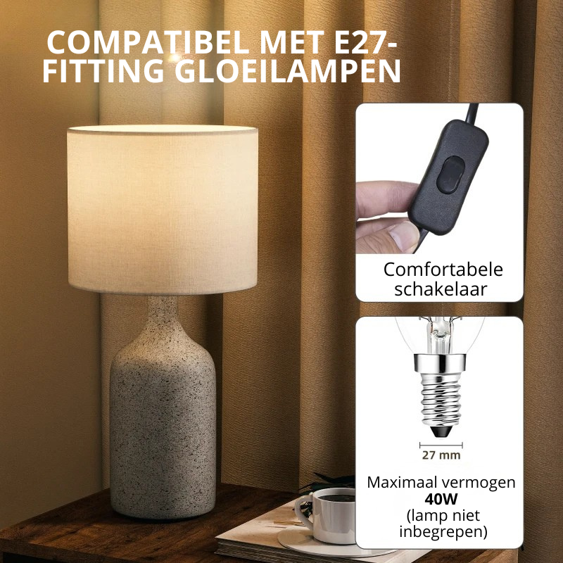 Nancy's Palena Tafellamp - Bureaulamp - Keramisch Voet + Linnen Kap - Zandbruin / Wit