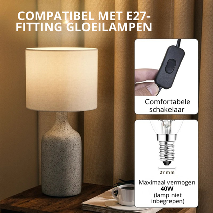 Nancy's Palena Tafellamp - Bureaulamp - Keramisch Voet + Linnen Kap - Zandbruin / Wit