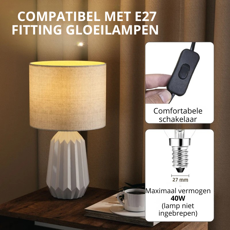 Nancy's Paliano Tafellamp - Nachtlamp - E27 Fitting - Keramiek / Linnen - Wit