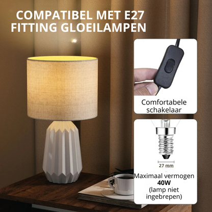 Nancy's Paliano Tafellamp - Nachtlamp - E27 Fitting - Keramiek / Linnen - Wit