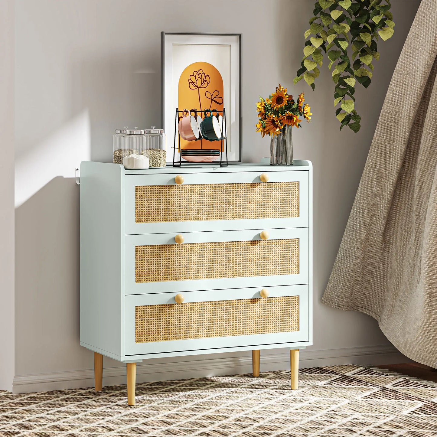 Nancy's Cercal Commode - Sideboard - Opbergkast - Dressoir - Lichtblauw - Polyrattan - ± 80 x 40 x 85 cm