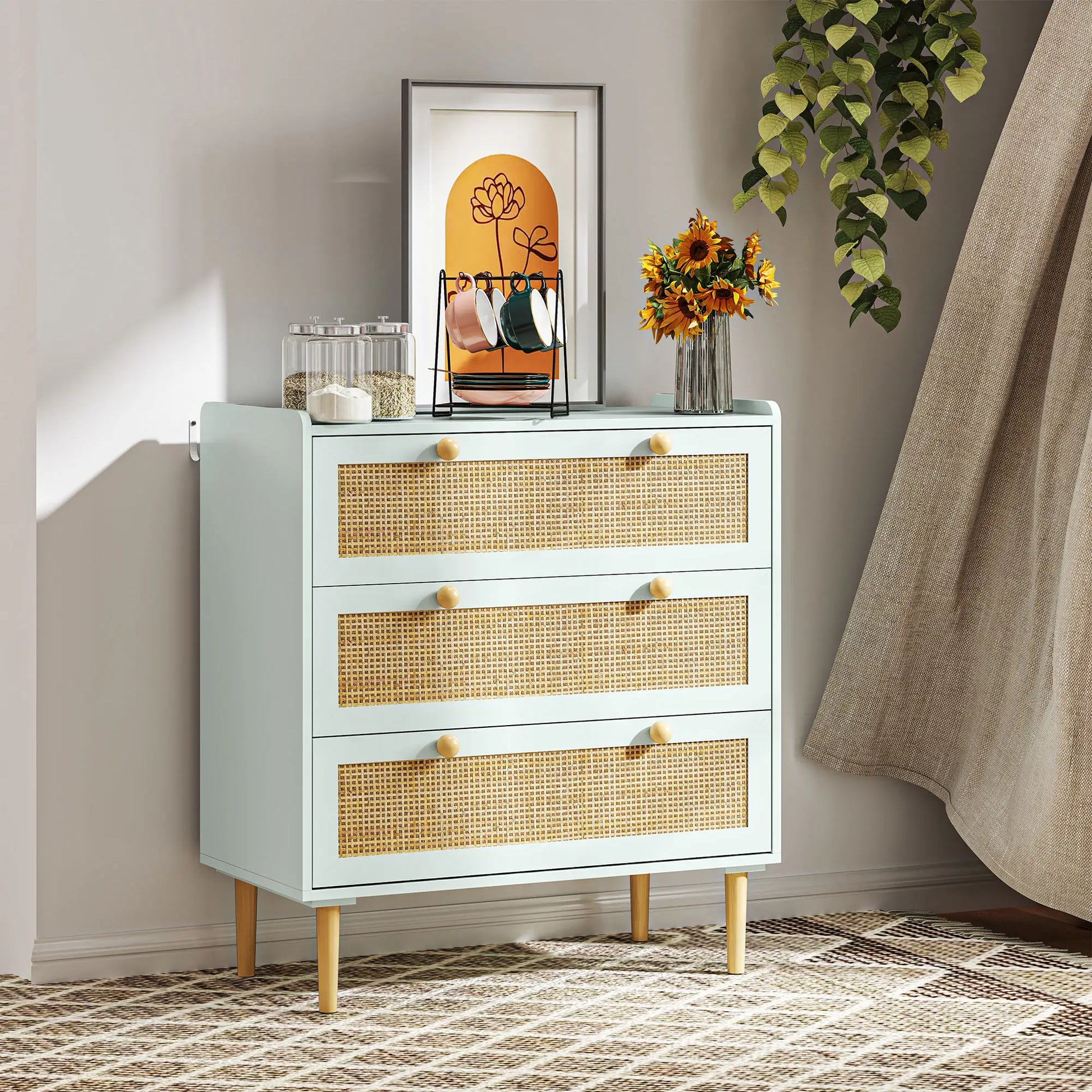 Nancy's Cercal Commode - Sideboard - Opbergkast - Dressoir - Lichtblauw - Polyrattan - ± 80 x 40 x 85 cm