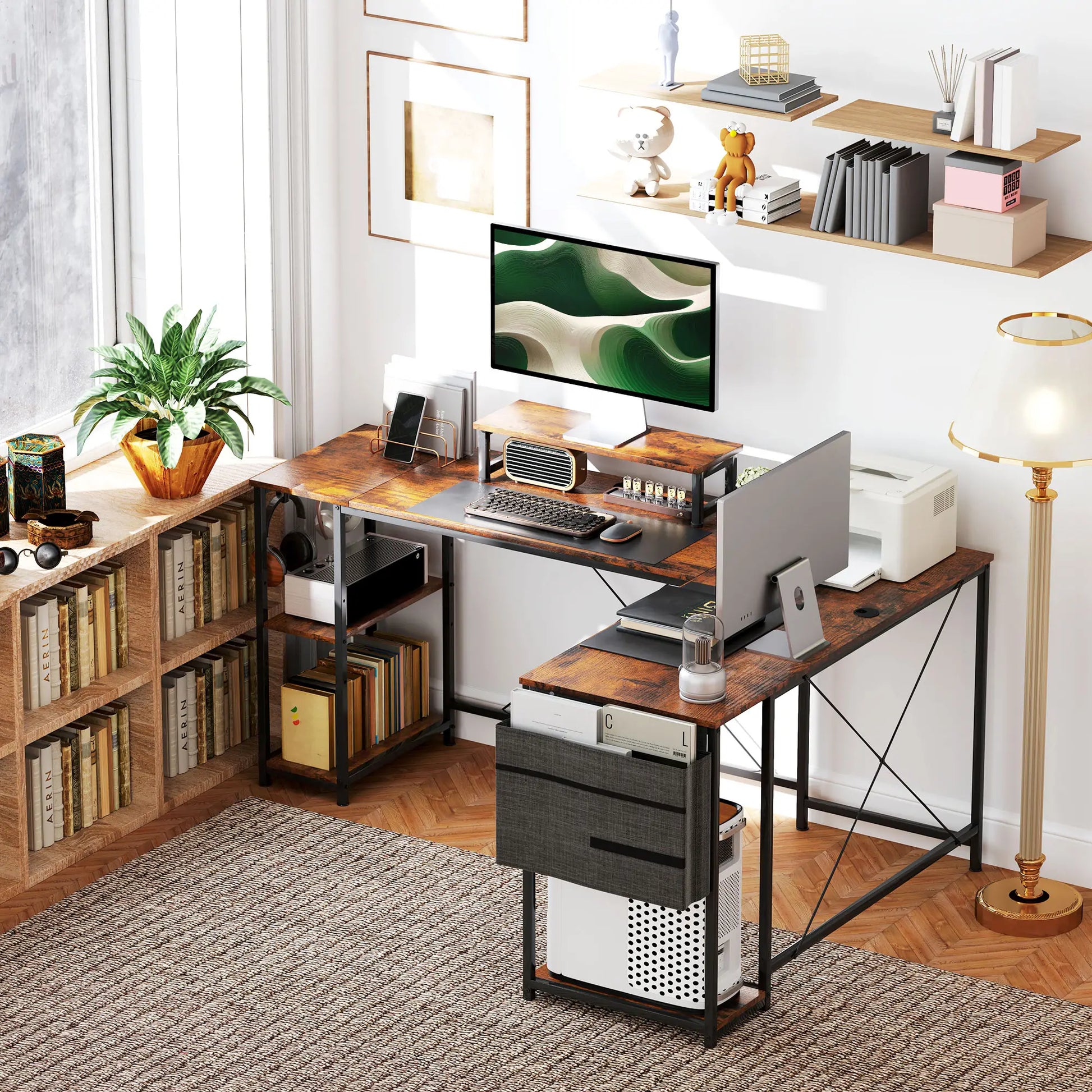 Nancy's Palmeira Bureau - Computertafel - L-vormig - Veelzijdig bureau met verstelbare planken - Monitorstandaard - Bruin