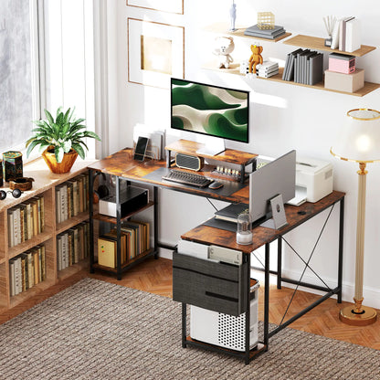 Nancy's Palmeira Bureau - Computertafel - L-vormig - Veelzijdig bureau met verstelbare planken - Monitorstandaard - Bruin