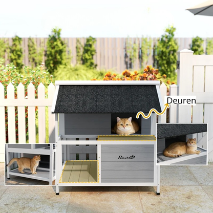 Nancy's Perloz Kattenhuis voor buiten - Kattenvilla - Grijs - Sparrenhout - ± 80 x 95 x 95 cm