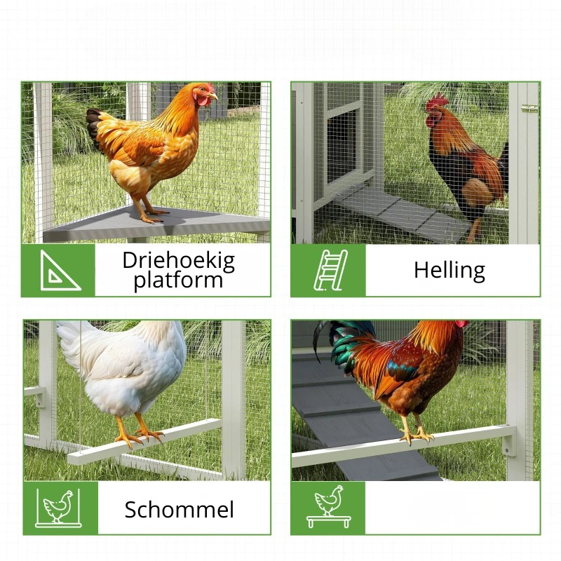 Nancy's Piverone Kippenhok - Kippenren - Wit / Grijs / Zwart - Dennenhout - ± 280 x 135 x 110 cm