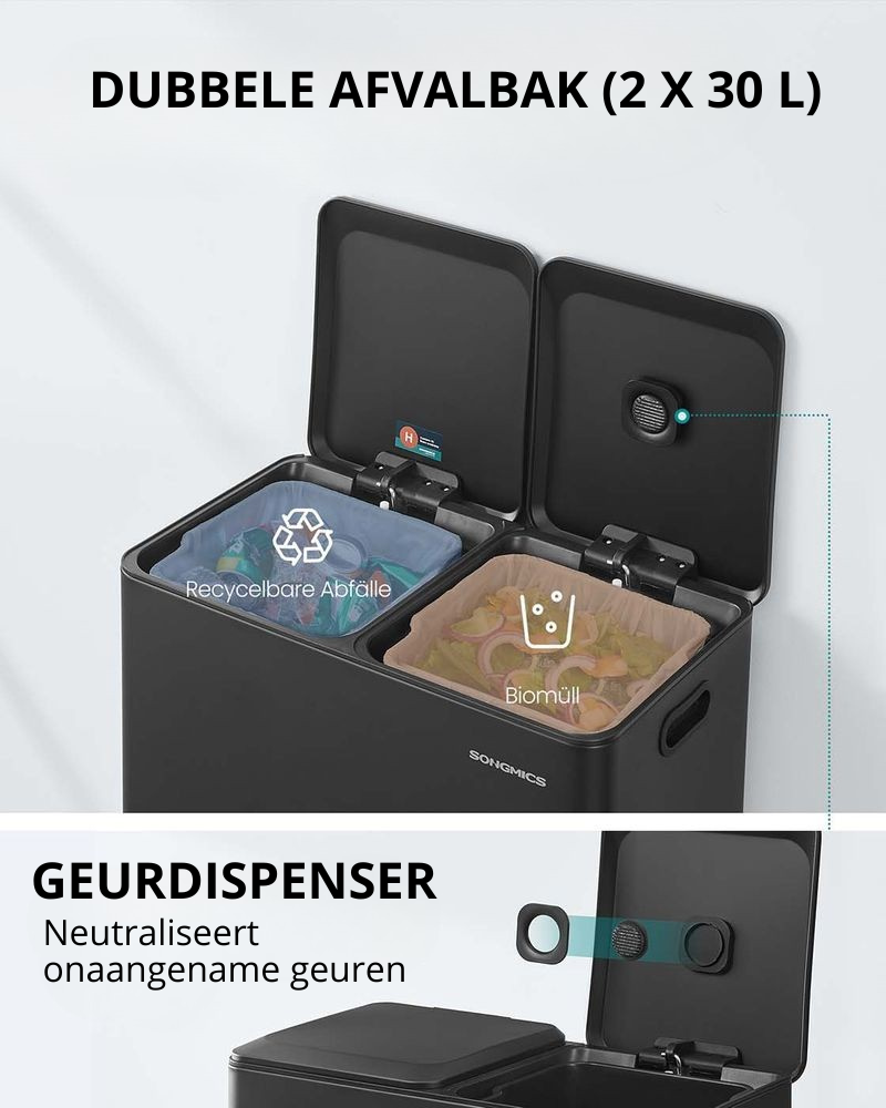 Nancy's Osoppo Afvalscheidingsprullenbak - Afvalbak - Pedaalemmer - Afval Scheiden - Zwart - 2 x 30 Liter