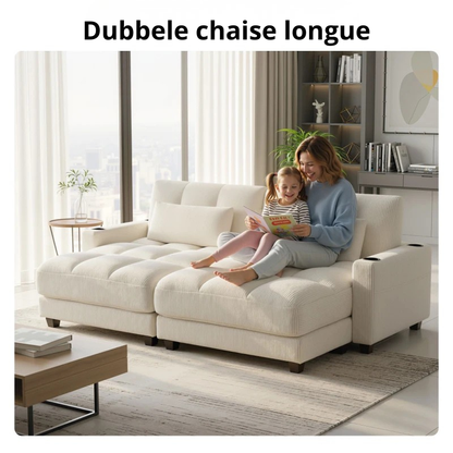 Nancy's Pedara Lounge Fauteuil - Relaxstoel - Loungestoel - Chaise Longue- Bekerhouders - Crèmewit - Corduroy