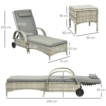 Nancy's Almeida Ligbed - Loungebed - 3-Delige Set van 2 ligbedden + bijzettafel - Rotan - Grijs