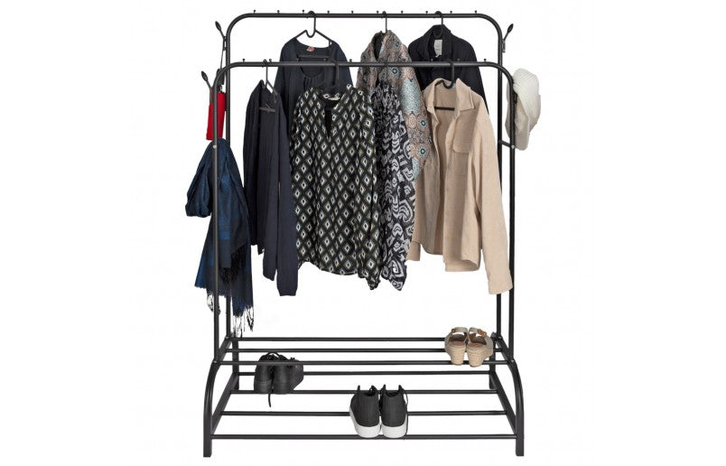 Eleganca Clothes rack with rods and hooks - Black - Steel - 2 Shoe shelves