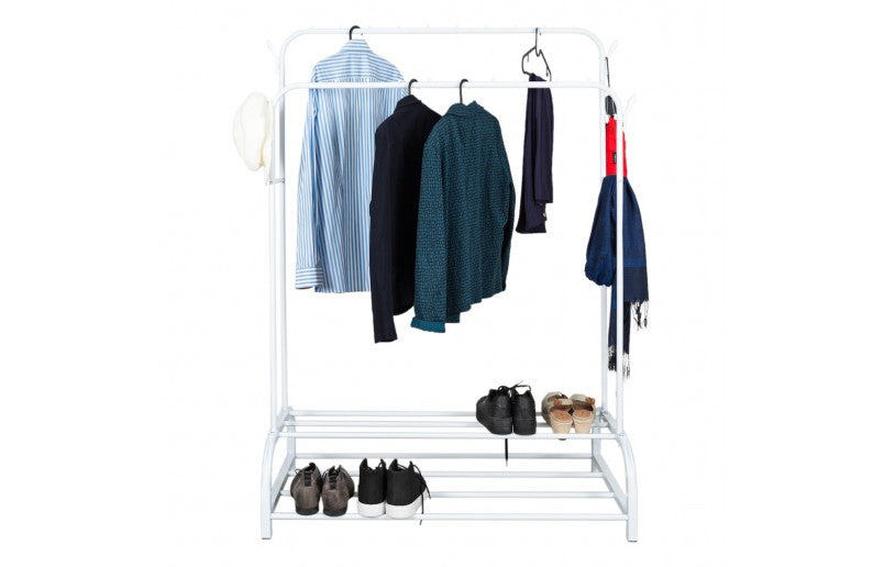 Eleganca Clothes rack with rods and hooks - White - Steel - 2 Shoe shelves