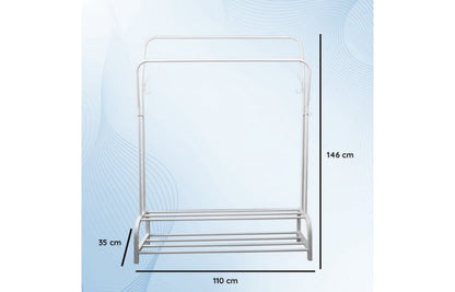 Eleganca Portant à vêtements - 2 tringles et étagères à chaussures - Blanc - Acier