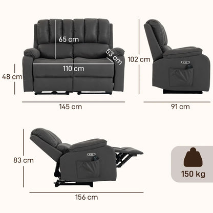 Nancy's Valpelline Dubbele Massagestoel - Massagefauteuil - Bioscoopstoel - Relaxfauteuil - 2 Personen - Grijs - Kunstleer
