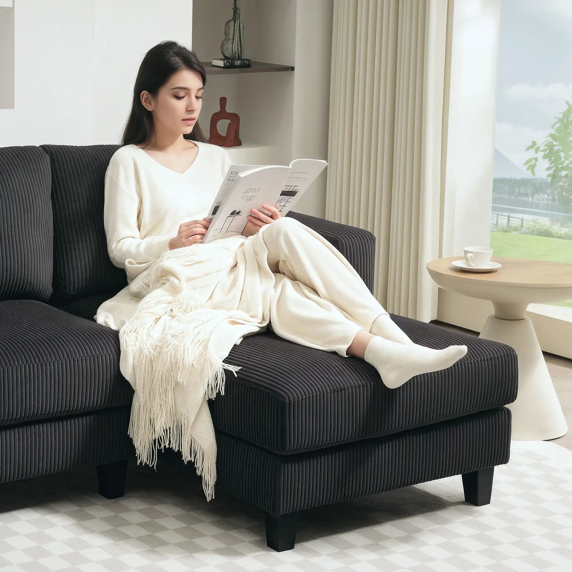 Nancy's Licciana Hoekbank - L-vormige Bank - Donkergrijs - Corduroy - ± 215 x 135 x 85 cm