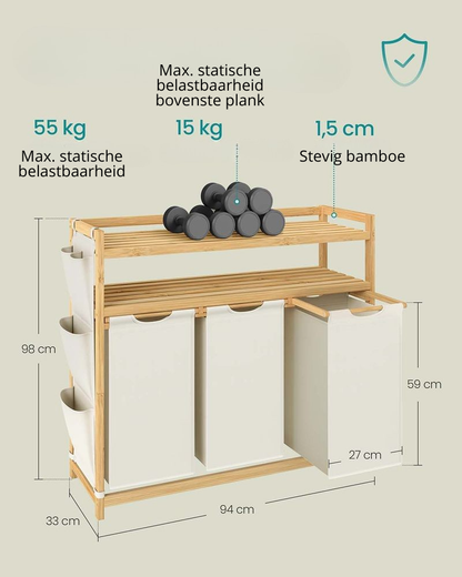 Nancy's Odolo Wasmand - Wassorteerder - Wasbox - 3 Vakken - Crèmewit - Bamboe - 150 Liter