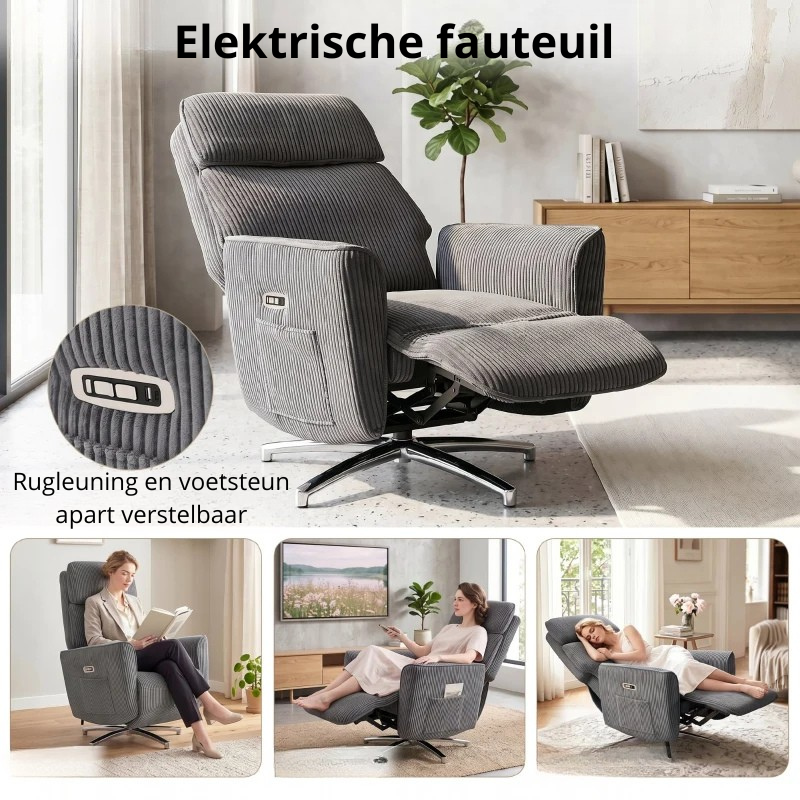 Nancy's Tarzo Elektrische Fauteuil - Relaxfauteuil - Relaxstoel - Draaibaar - Donkergrijs / Zilver - Corduroy Look