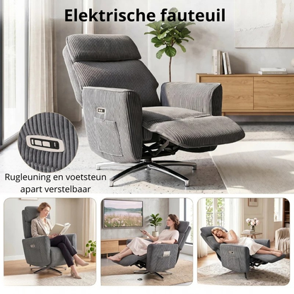 Nancy's Tarzo Elektrische Fauteuil - Relaxfauteuil - Relaxstoel - Draaibaar - Donkergrijs / Zilver - Corduroy Look
