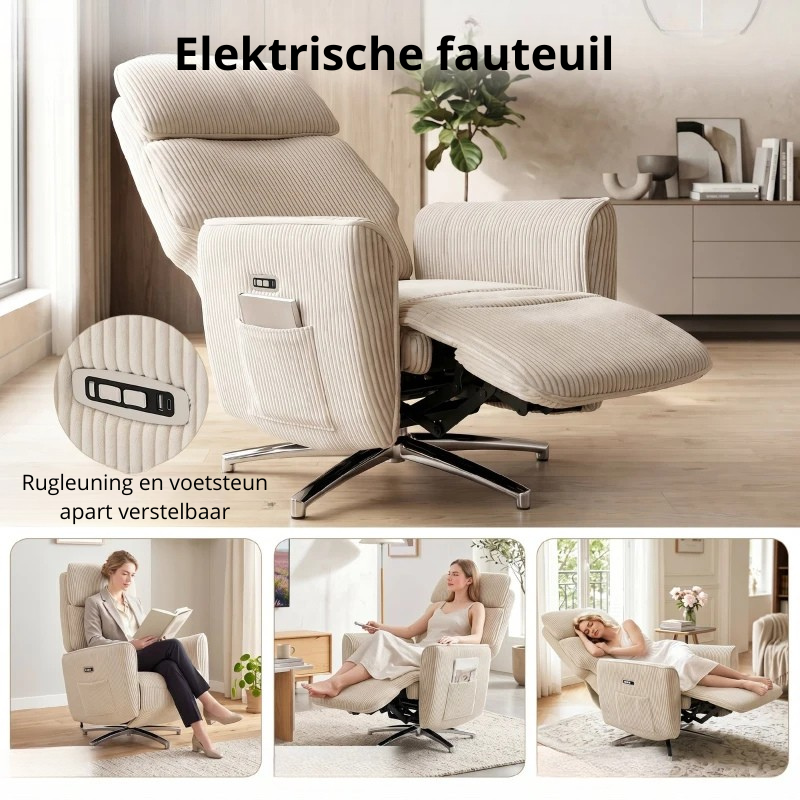 Nancy's Tarzo Elektrische Fauteuil - Relaxfauteuil - Relaxstoel - Draaibaar - Crèmewit / Zilver - Corduroy Look
