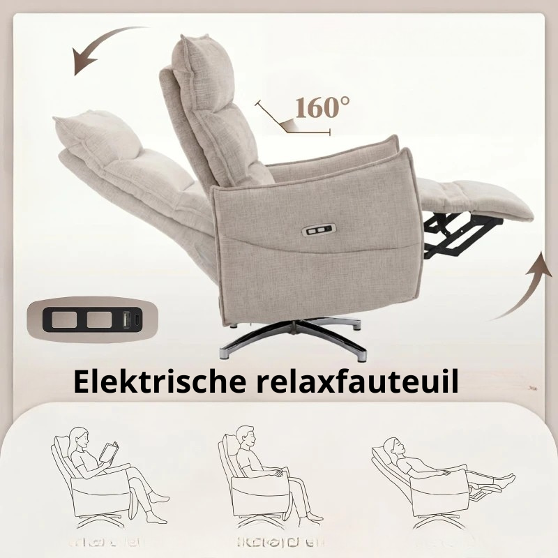 Nancy's Spotorno Elektrische Fauteuil - Relaxstoel - Loungestoel - Draaibaar - Beige / Zwart - Linnen