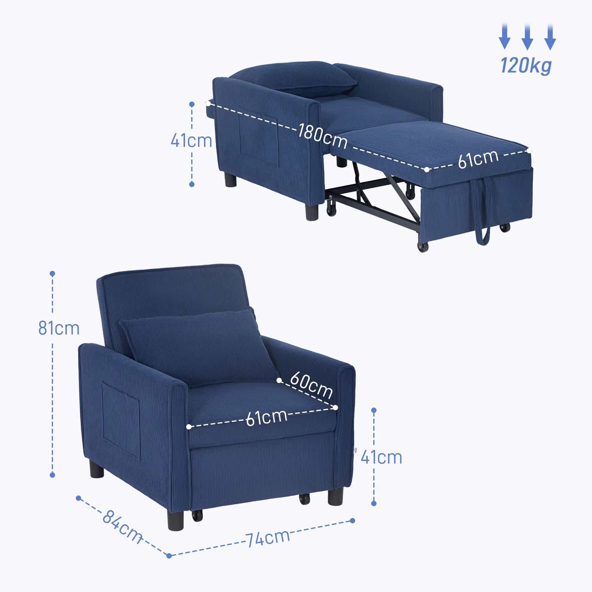 Nancy's Reigada Slaapbank - Logeerbed - Slaapstoel - Stoel met Slaapfunctie - Blauw - Ribfluweel