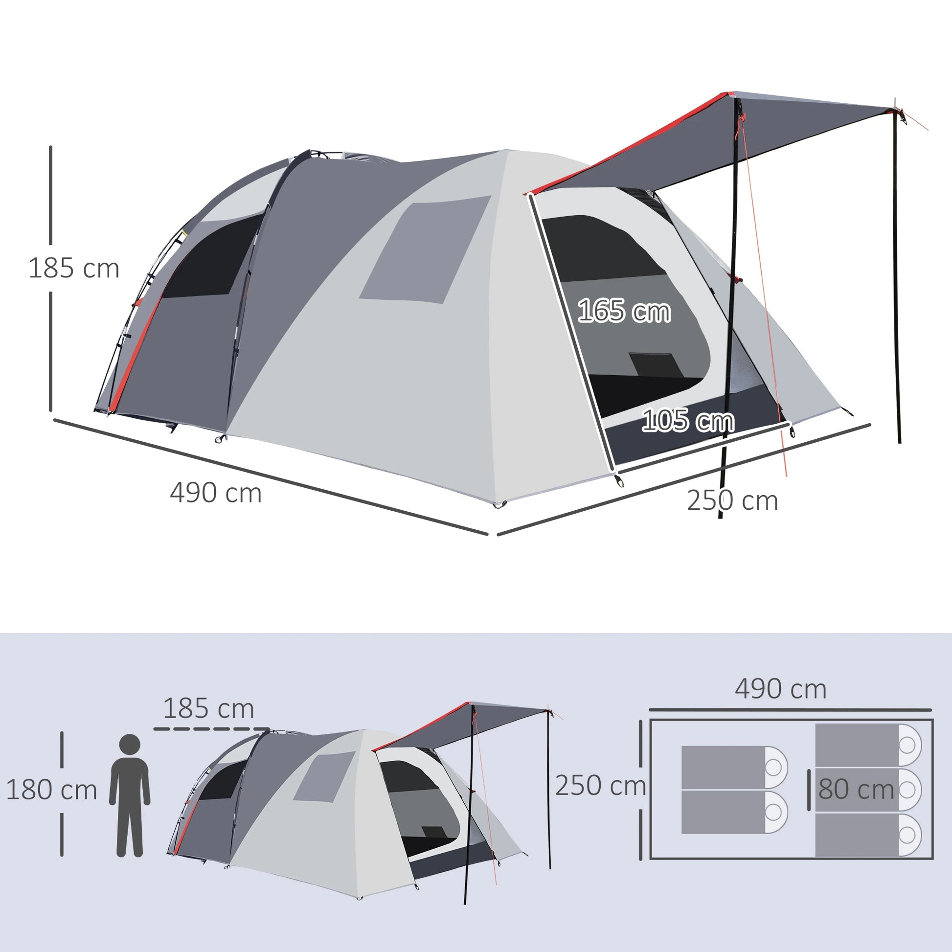 Nancy's Campotosto Kampeertent - Camping Tent - Twee Kamers - 4-5 Personen - Grijs / Rood - 490 x 250 x 185 cm