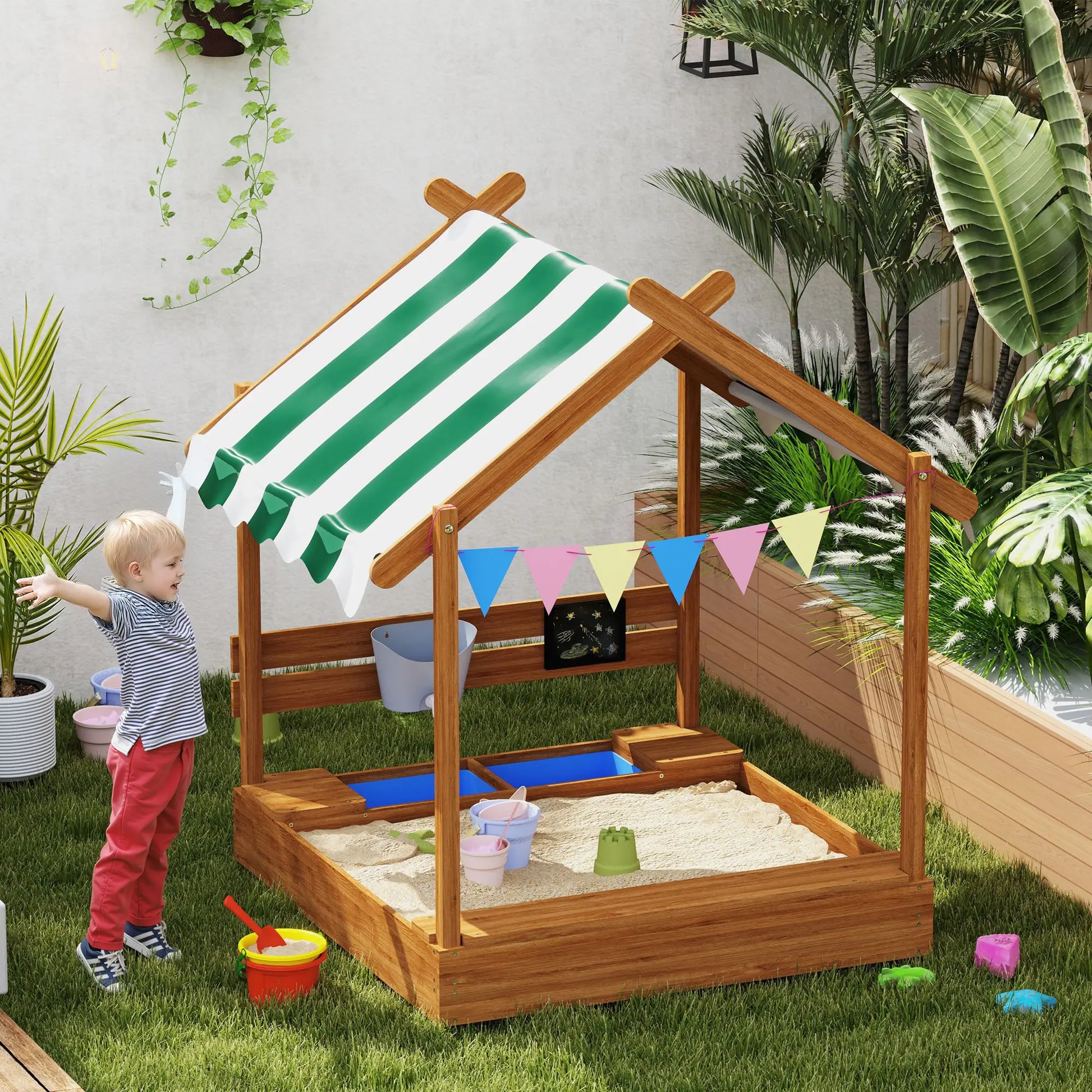 Nancy's Dossena Zandbak - Weerbestendig Dak - Met Speelset - Bruin / Groen / Wit - Dennenhout - ± 125 x 115 x 145 cm